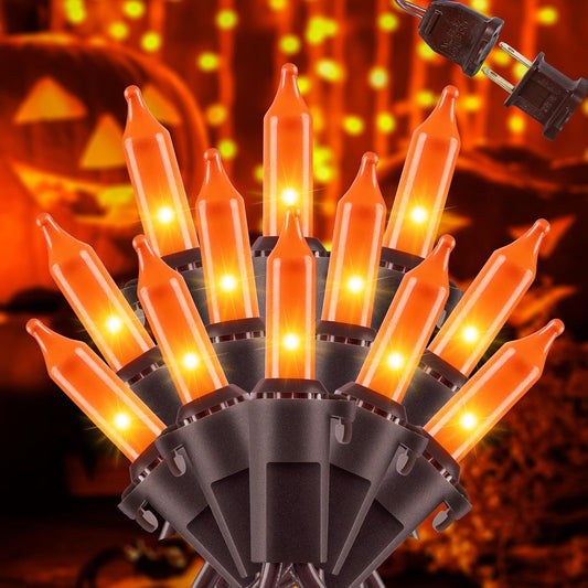 YOUNGAR Orange Halloween & Christmas Lights - 13FT, 50 UL Approved, Incandescent Mini Lights with Brown Wire, Plug in for Indoor & Outdoor Tree, Patio, Garden Xmas Decor