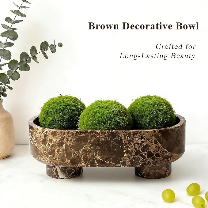 Natural Oval Marble Fruit Bowl, Two-Legged Decorative Bowl Dark Brown | 10" Large Handcrafted Marble Catchall Bowl for Home Decor. Fruit Basket Bowl, Entryway Bowl, Pedestal Bowl for Dining Table