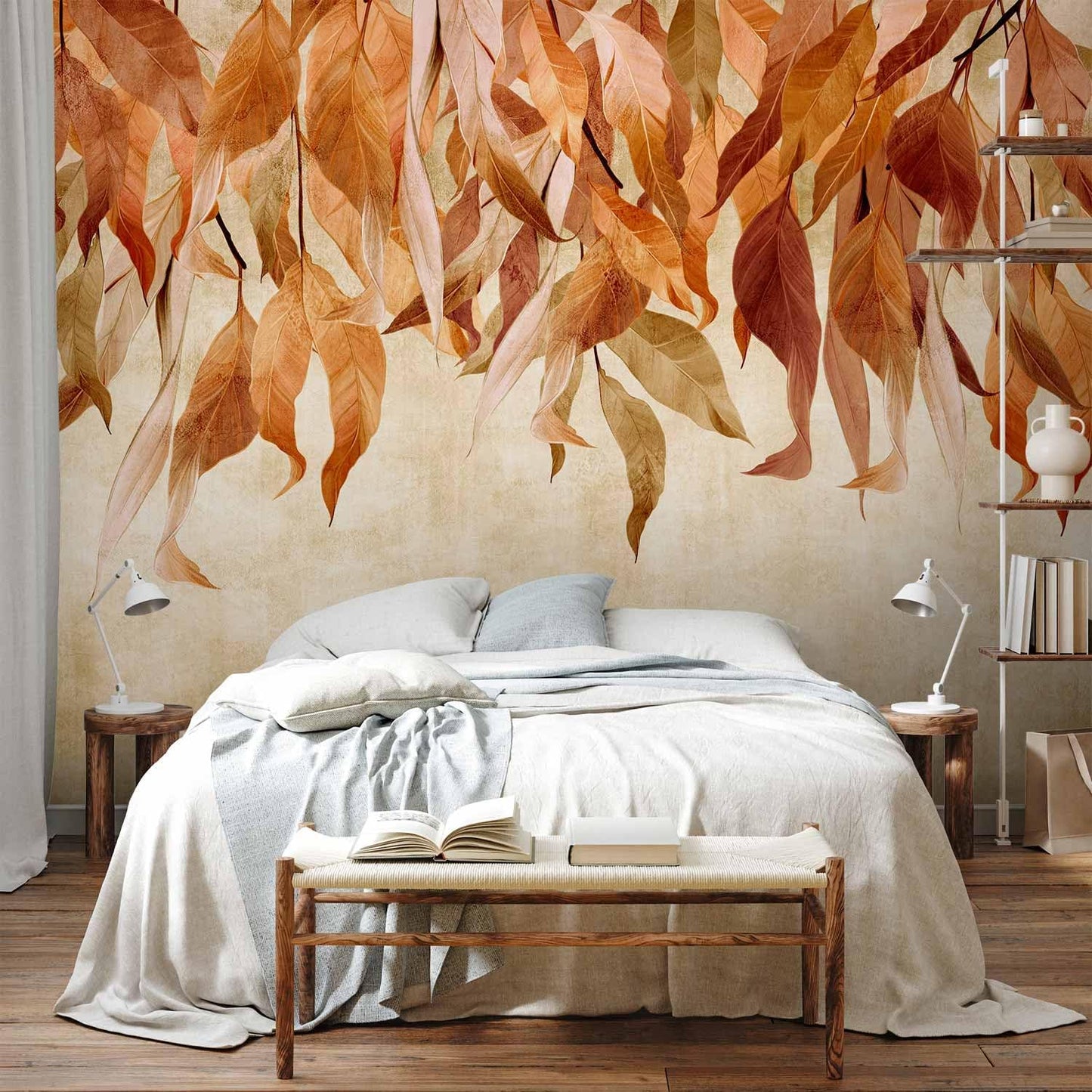 artgeist Premium Wall Mural Hanging Leaves 98x69 in - Non-Woven Wallpaper Fleece Wall Decor Photo Print Picture Image Design Nature Botanical Concrete Orange Beige b-C-10146-a-c