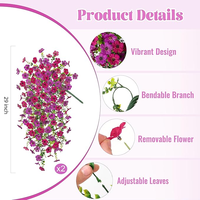 Ammyoo 2Pcs Fake Hanging Flowers for Outdoor Decoration Artificial Hanging Flowers Realistic Daisy Plants UV Resistant, Faux Silk Flower for Porch Patio Window Box Outside Decor(Fuchsia Purple)