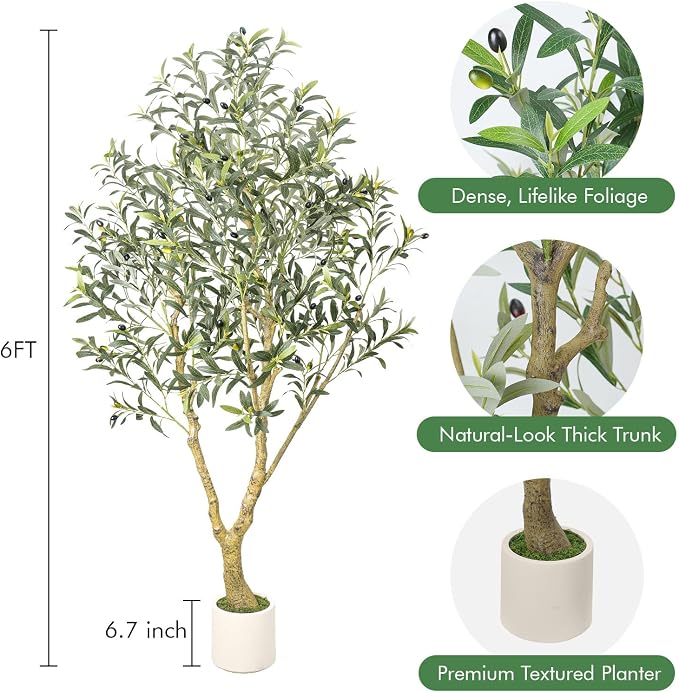6FT Artificial Olive Tree with Elegant Planter & Moss, Faux Olive Tree Indoor with Natural Wood Trunk & Lifelike Leaves, Tall Fake Plant for Living Room Home Office Decor – Housewarming Gift