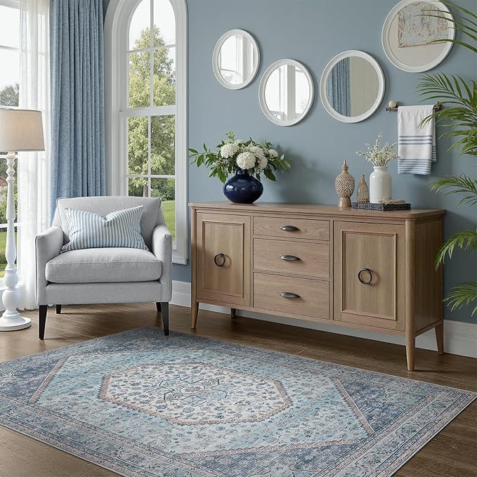 DCX Machine Washable Blue and Beige 3x5 Area Rug, Non Slip Stain Resistant Vintage Floral Rug for Kitchen Bathroom Front Door Throw Rugs Indoor, Soft Low Pile Small Rugs for Entry