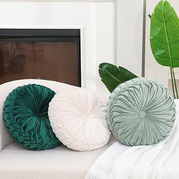 Drydiet 3 Pcs Round Throw Velvet Pillows Decorative Pleated Throw Pillows Diameter Accent Pumpkin Boho Chair Cushion for Couch Sofa Home Decoration (White,Light Green,Green,15'')