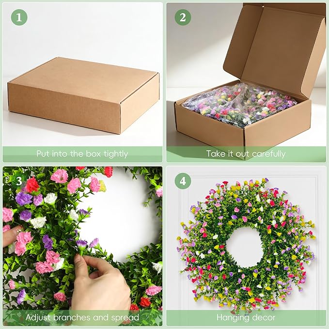Spring Wreaths for Front Door, 24 Inch Large Farmhouse Colorful Cottage Wreath, Extra-Full 378 Silk Artificial Carnation Floral Wreath, Blossom & Greenery Hanging for Porch, Home Summer Decorations