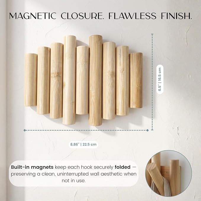 Bamboo Piano Coat Rack Wall Mount Pivoting Retractable Wooden Hooks for Entryway Hallway Mudroom Bedroom | Natural Wood Wall Hanger, 3 Hooks, Space Saving Organizer