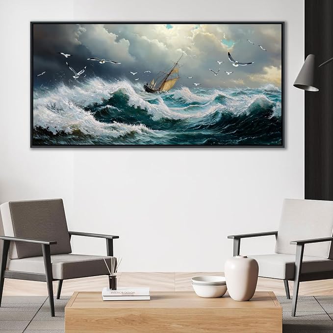 YDYSUNE Large Retro Ocean Wall Art, Nautical Sailboat Canvas Painting, Textured Coastal Picture Artwork, Vintage Adventurer Wall Decor Framed for Living Room Bedroom Home 29x58 Inch