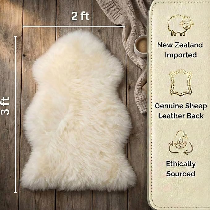 Woolous Sheepskin Rug, Genuine Sheep Skin Chair Throw 2x3 ft Ivory | Natural lambskin pelt with fluffy wool texture. Ideal as area rug, chair throw, bedroom or living room decor.