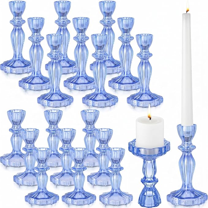24 Pack Glass Candlestick Holders Set 4.3/6.1'' Taper Stripe Candle Holder Bulk Floral Shape Crystal Decorative Candle Stand Centerpiece for Table Wedding Dining (Blue)