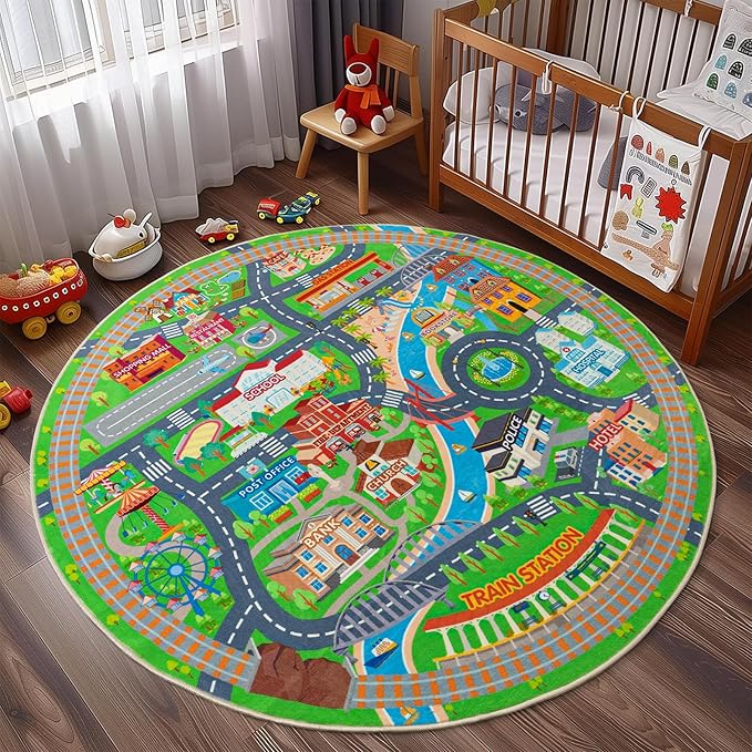 Car Rug Play Mat for Kids Toy Cars, Road Traffic Playmat for Kid Bedroom, Non-Slip Machine Washable Town City Race Track Carpet for Learn and Have Fun Round 47"