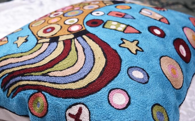 Turquoise Rooster Accent Pillow Cover Bird Cockerel Decorative Pillowcase Karla Gerard Farmhouse Sofa Cushions Hand Embroidered Wool 18x18 Inch