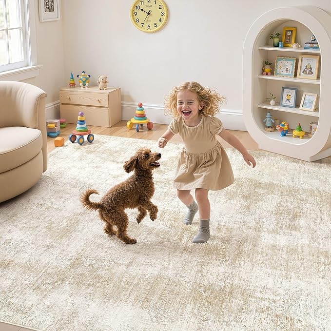 UERMEI Area Rug for Living Room: 8x10 Washable Neutral Abstract Modern Soft Rugs Non Slip Indoor Floor Stain Resistant Large Carpet for Bedroom Dining Room Office Nursery - Beige