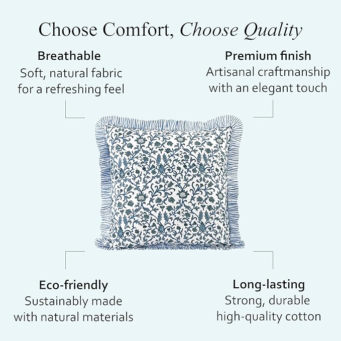 CPC Ocean Vine Hand Block Print 100% Cotton Ruffle Throw Pillow Cover 20x20 inch with Hidden Zipper Decorative for Couch, Bed, Sofa, Farmhouse, Cottagecore Decor Gift Christmas Fall Thanksgiving