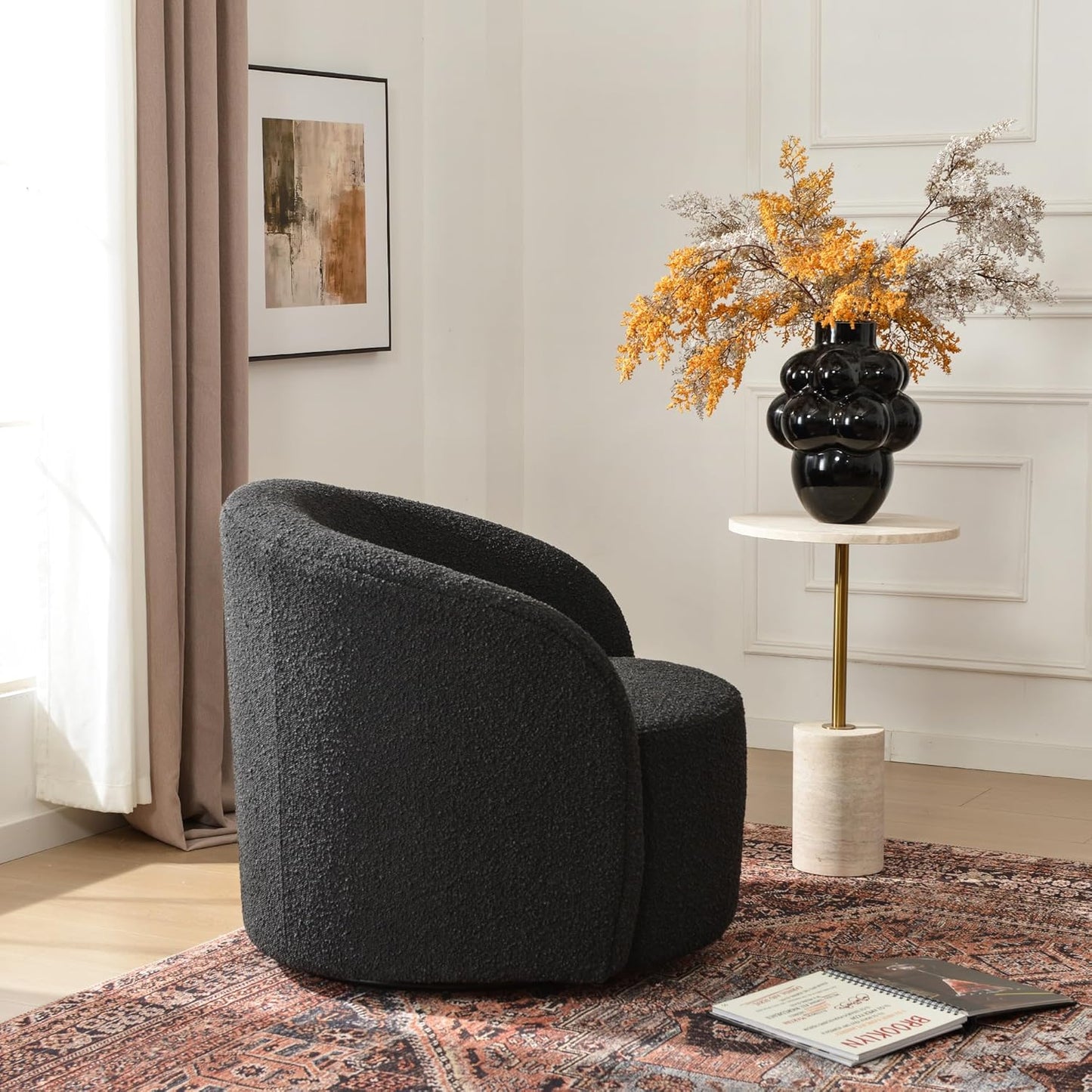 KINWELL 34" W Mid Century Modern Swivel Barrel Chair, Round Upholstered Boucle Swivel Accent Chairs, No Assembly Sofa Chair for Living Room Bedroom Reading Apartment Lounge Nursery(Black)