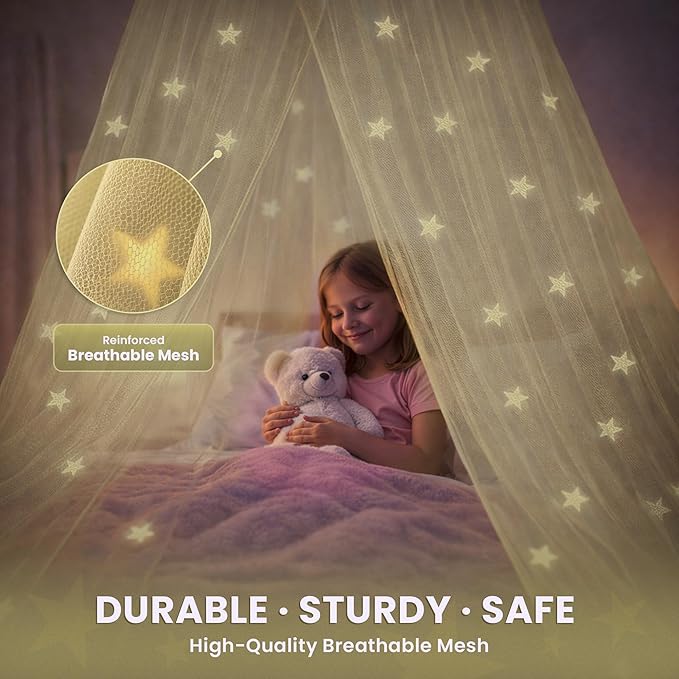 Bollepo Yellow Bed Canopy for Girls with Glowing Stars - Princess Yellow Baby Canopy for Bed, Netting Room Decor, Ceiling Tent, Canopy | Single, Twin, Full, Queen Size Kids Bed