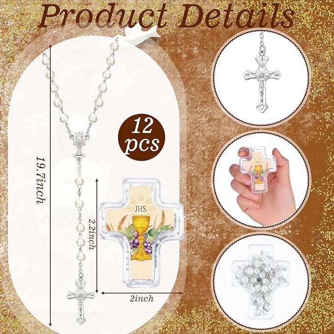 Cunno 12 Set First Holy Communion Bead Rosary Cross Necklace for Baptism First Communion Gifts Scented with Cross Shape Box for Guest Catholic Religious Rosary Baptism Party Primera Comunión (White)