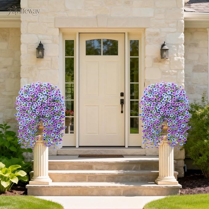 Artificial Hanging Flowers for Outdoors Spring Summer Decoration, 4PCS UV Resistant Silk Fake Hanging Plants for Patio Porch Front Yard Window Garden Indoor Decor(Blue&Purple,4PCS)