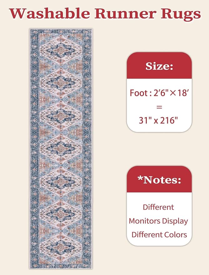 SERISSA Runner Rug for Hallways, 2'6"x18' Washable Non Slip Kitchen Runner Rug, Extra Long Boho Rug Ultra Soft Vintage Blue Orange Print Floor Carpet for Hallway Living Room Dining Room Bedroom