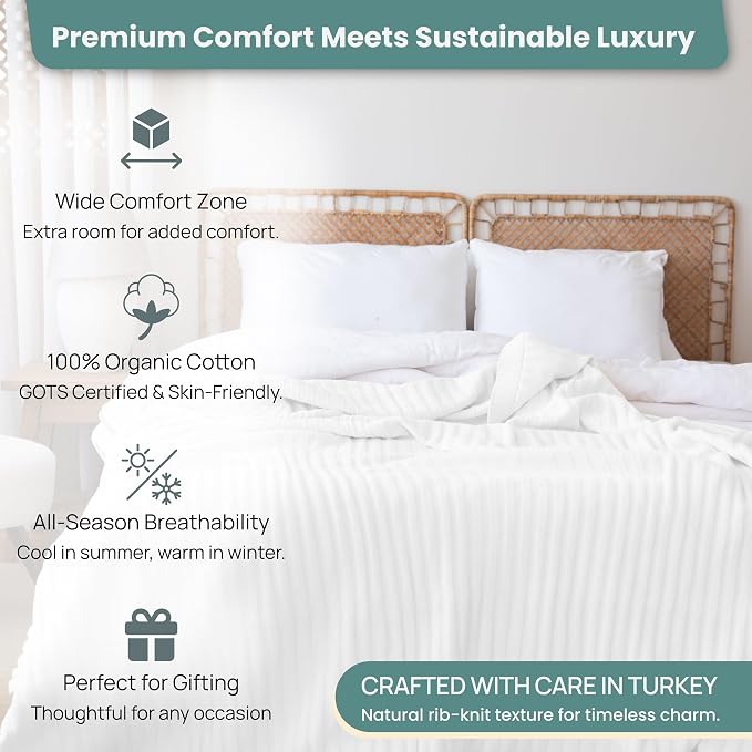 Dalisa 100% Organic Cotton Knit Throw Blanket, White, 50x60 Inches, GOTS-Certified, Crochet Knit, Adult, Eco-Conscious Luxury, Lynx-Inspired Pattern