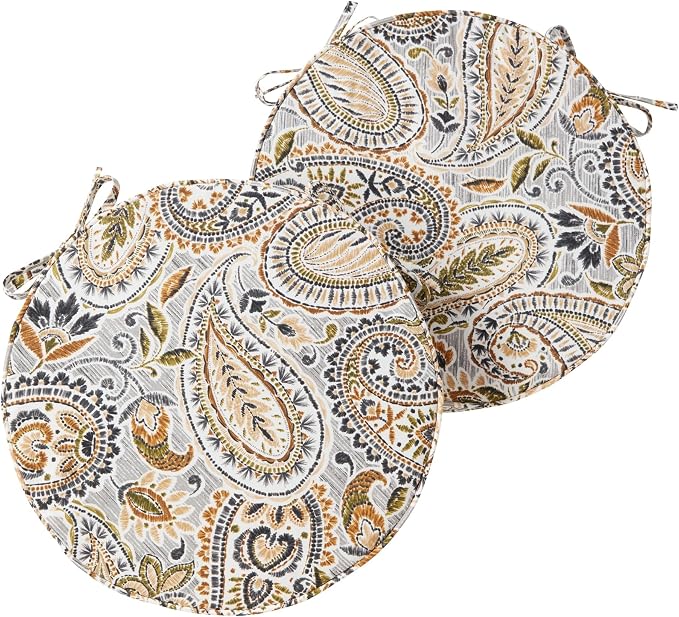 Set of 2 Outdoor 18 inch Round Patio Dining Chair Pads – Comfortable Fiber-Filled Seat Cushions with Ties, Reversible Polyester Fabric, Arctic Paisley