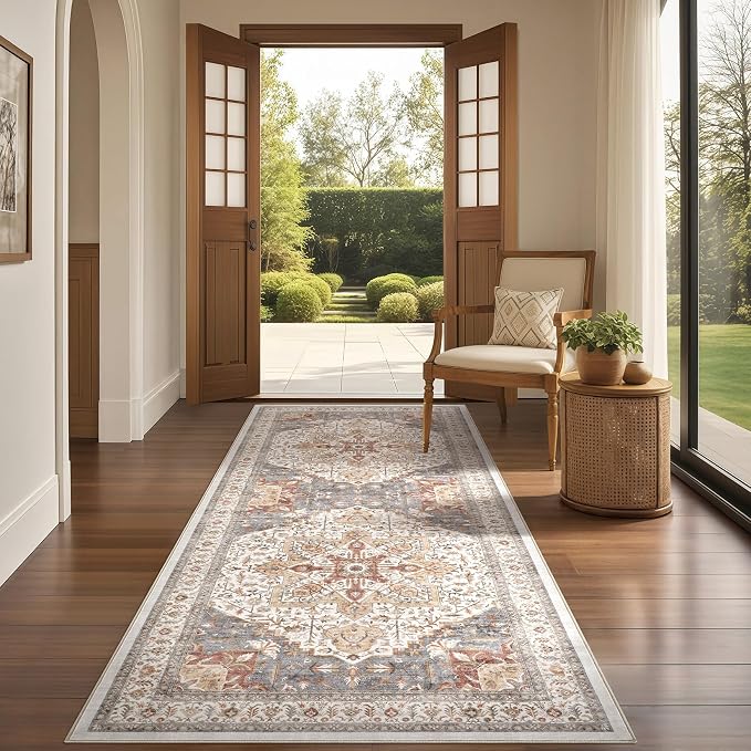 Tortania Area Rug 2x6 Runner Rugs - Washable Vintage Oriental Farmhouse Thin Indoor Carpet for Living Room Bedroom Hallway Entryway Kitchen Under Dining Table Home Office - Orange Multi