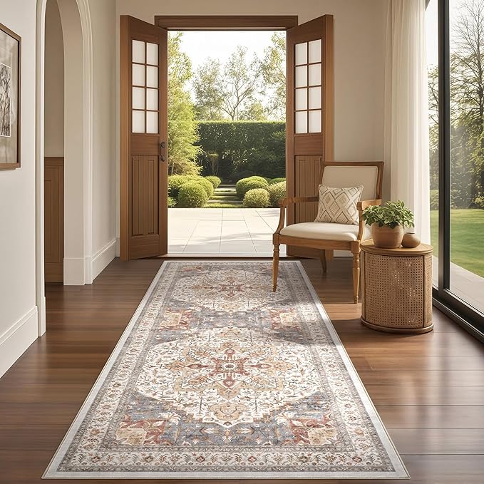 Tortania Area Rug 2x8 Runner Rugs - Washable Vintage Oriental Farmhouse Thin Indoor Carpet for Living Room Bedroom Hallway Entryway Kitchen Under Dining Table Home Office - Orange Multi
