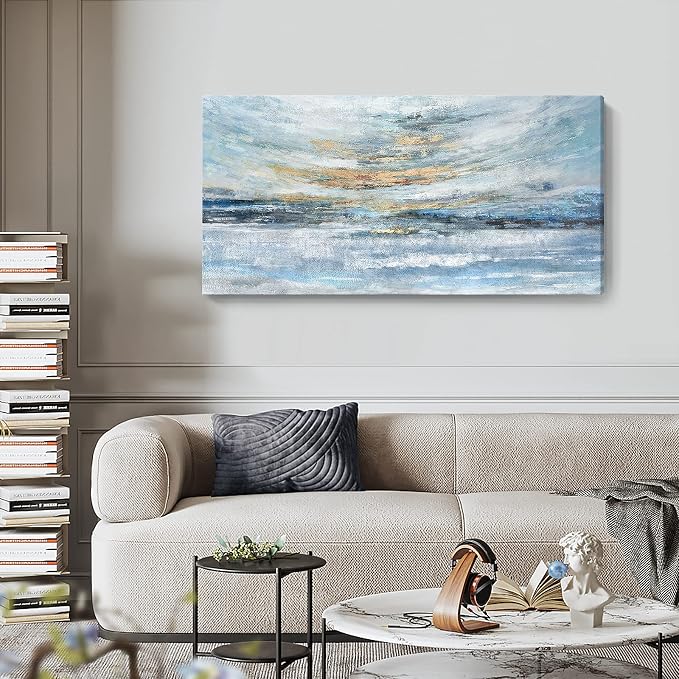 Abstract Wall Art for Living Room Large Framed Light Blue Canvas Print Coastal Theme Artwork Modern Ocean Skyline and Sunset & Sunrise in the Seaside Painting for Home Bedroom Décor 48x24inch