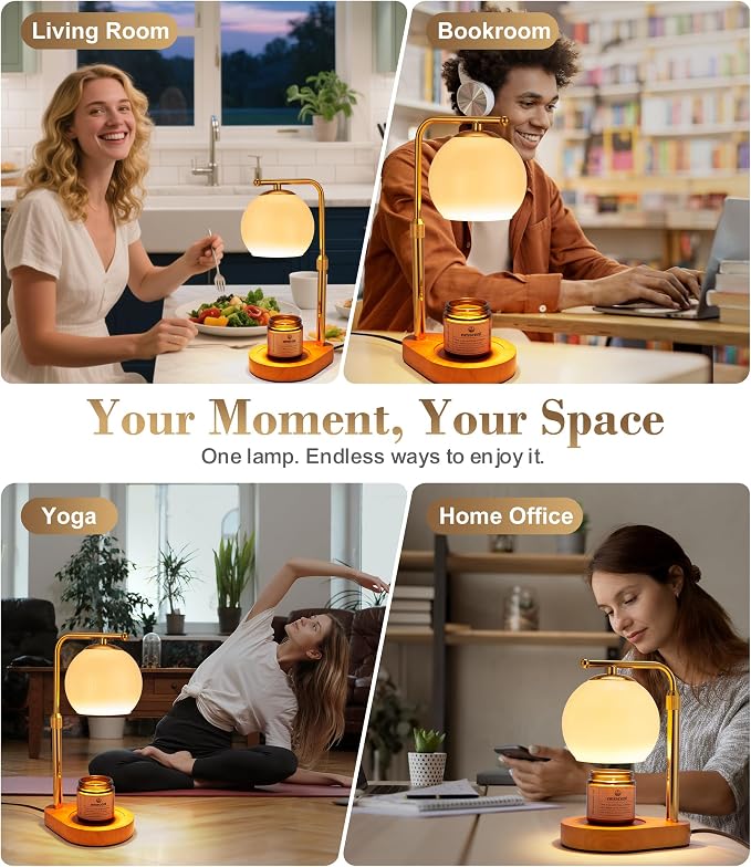 Ivory Glass Candle Warmer Lamp Adjustable Height with Timer 2 4 8H | Warm Gold Hardware | Dark Walnut Base | Dimmer Wax Melt Warmer Includes Candle and Bulbs