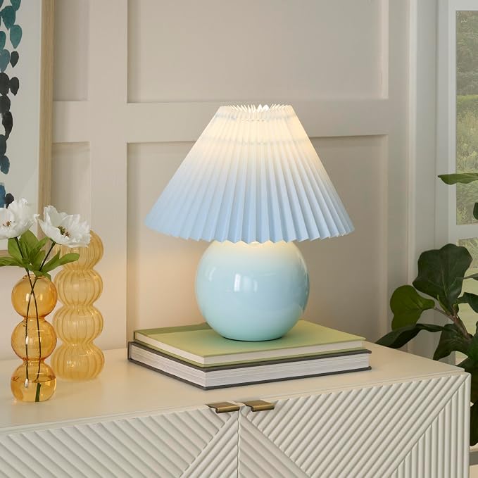 Nourison Home 13" Light Blue Ceramic Round Lamp with Pleated Shade for Bedroom, Living Room, Console, Entryway (Pack of 1)
