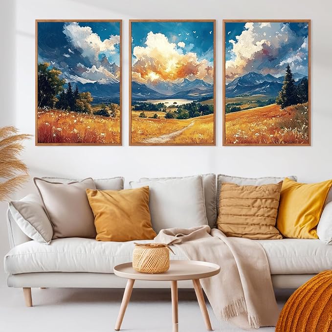 LHIUEM Mountain Wilderness Sunset Framed Canvas Wall Art,Nature Country Scenery Wall Decor,Field Pine Tree Landscape Artwork for Living Room,Bedroom,Dining Room,Farmhouse -16"x24"x3