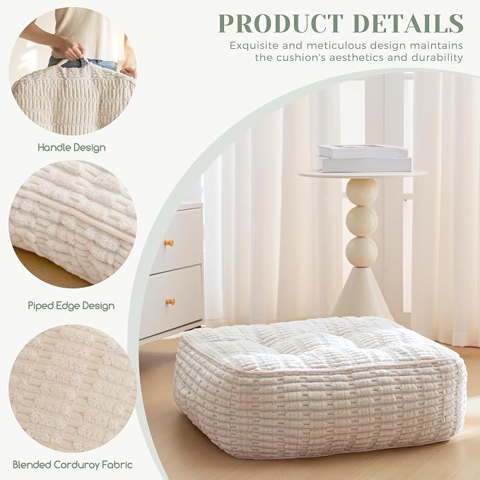 HIGOGOGO 8" Floor Pillow Cushion for Adults, Meditation Cushion Pillow, Blended Corduroy Cover, Large Square Floor Sitting for Tatami Living Room or Yoga, 2Pack, Beige