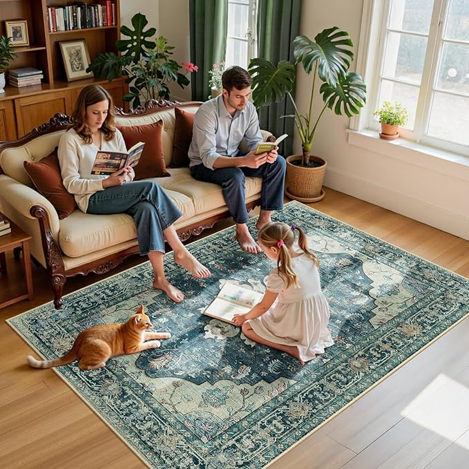 RELEANY Area Rugs 5'x7' Washable Non-Slip, Floral Vintage Distress Print Pattern Medallion Carpet for Living Room Bedroom Dining Room, Dark Blue Vintage