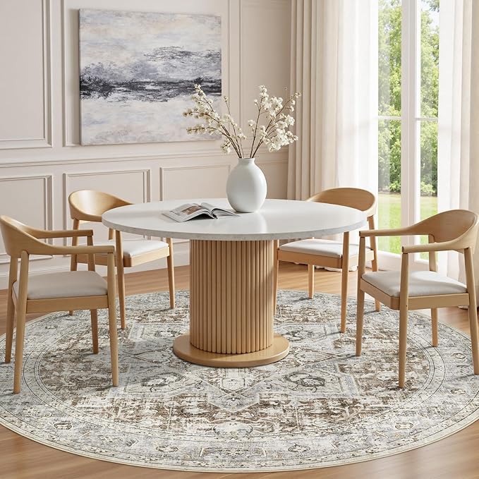 Tortania 10' Round Area Rug Living Room Rugs - Washable Boho Rug Vintage Oriental Distressed Farmhouse Large Thin Indoor Carpet for Bedroom Under Dining Table Home Office - Brown Blue