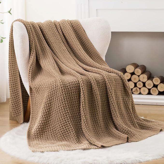 Bunnikins & Clover Beige Throw Blanket for Couch, Knitted Beige Throw for Bed, Neutral Throw Blankets Tan Blanket for Room Decor Housewarming Gifts, 50"x60"