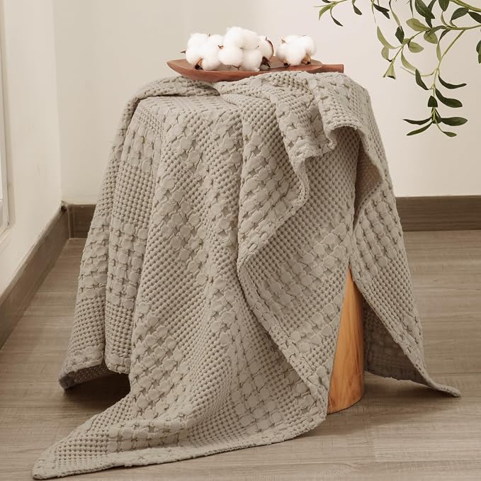 PHF 100% Cotton Waffle Throw Blanket for Couch, Lightweight Breathable and Soft for Summer, Luxury Aesthetic Waffle Weave Blanket for Home Decor & Office, Gifts for Women, 50"x60", Taupe