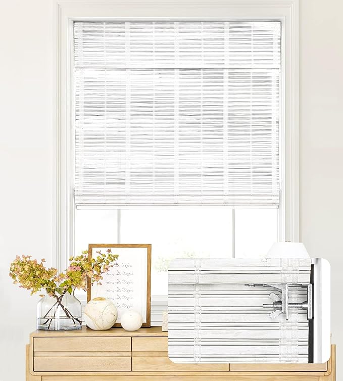 LazBlinds No Tools No Drill Cordless Bamboo Roman Shades, Light Filtering Window Treatment, Roll Up Bamboo Blinds for Windows 42.5'' W x 64'' H, Whitewash T