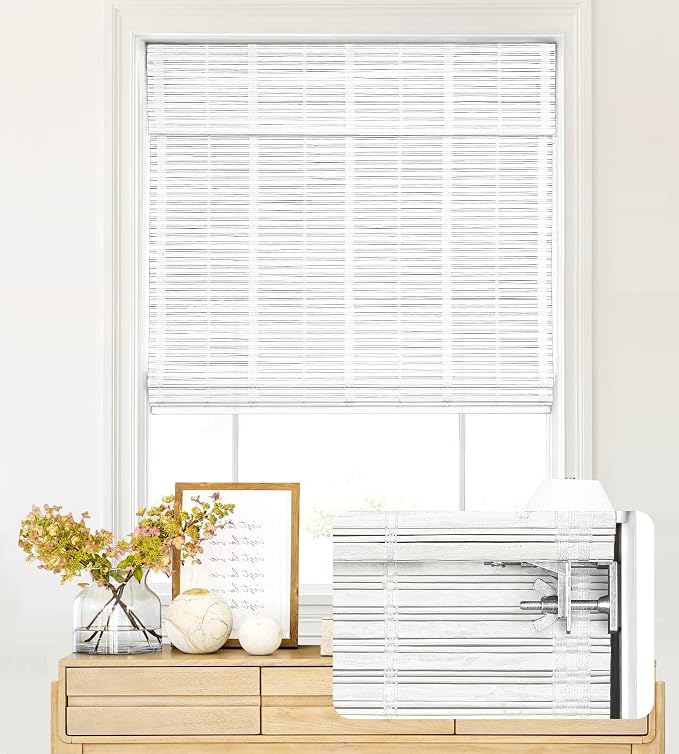 LazBlinds No Tools No Drill Cordless Bamboo Roman Shades, Light Filtering Window Treatment, Roll Up Bamboo Blinds for Windows 33'' W x 48'' H, Whitewash T