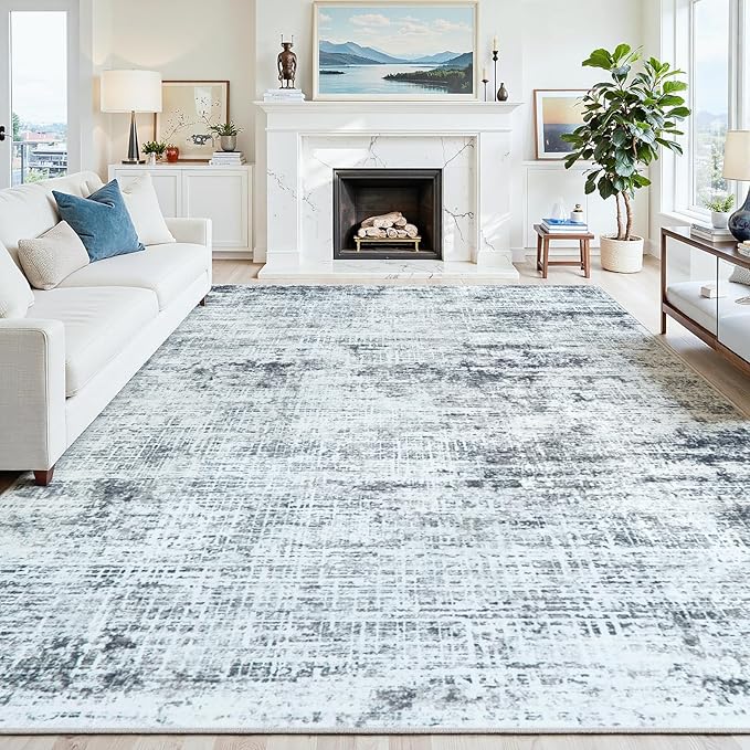 8x10 Area Rugs Washable Rug:Anti-Skid Abstract Modern Living Room Rug Soft Thin Carpets Indoor Floor Non-Shedding Carpet for Bedroom Dining Farmhouse Nursery Home Office(Black/Grey/White, 8x10)