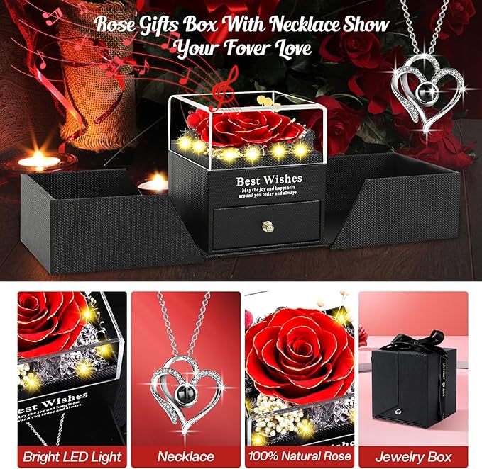 Pasuvsigt Mothers Day Mom Birthday Gifts for Women, Preserved Real Rose with I Love You Heart 100-Language Necklace, LED Lights & Music Box, Anniversary for Women Girlfriend Mom