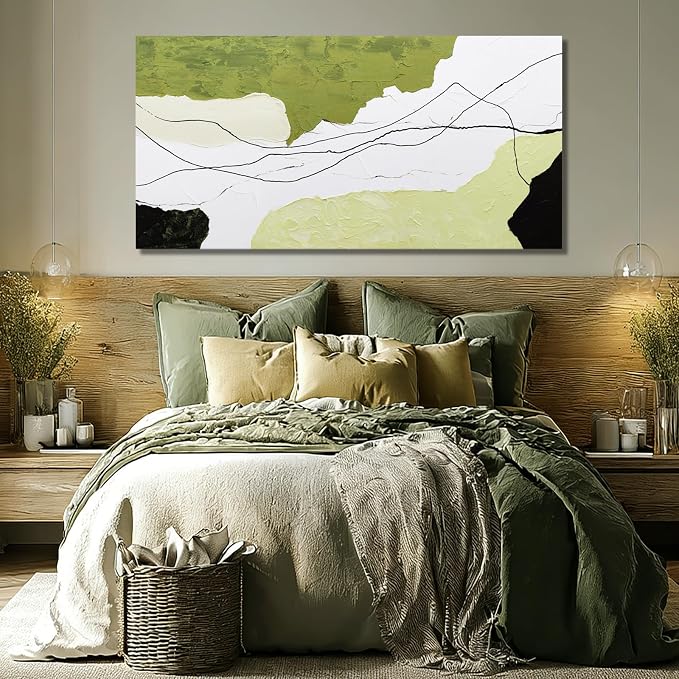 Dolidoteart Green White Black Canvas Wall Art, Hand Painted Abstract Oil Painting, Large Modern Wall Decor for Living Room Bedroom Office, Horizontal 24x48 Inch