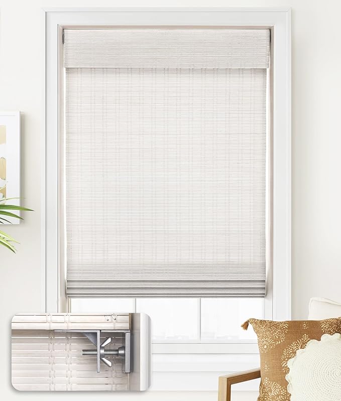 LazBlinds No Drill Bamboo Roman Shades, 38x64, Ceylon Vintage White | Light Filtering Window Treatment, No Tools Cordless Roll Up Bamboo Blinds for Window