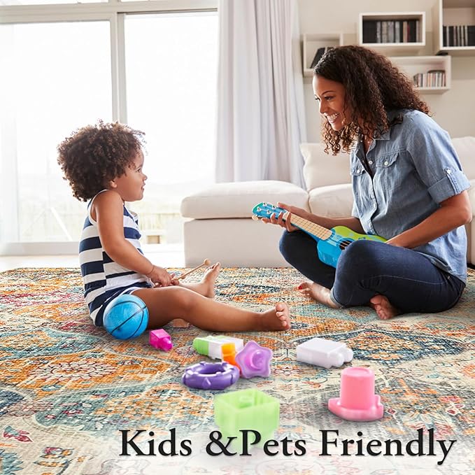 Lahome Moroccan Washable Area Rugs 9x12 Living Room, Soft 9x12 Area Rug for Bedroom, Oriental Non-Slip Non Shedding Throw Large Carpet for Dining Room Office Elise, Cream/Multi