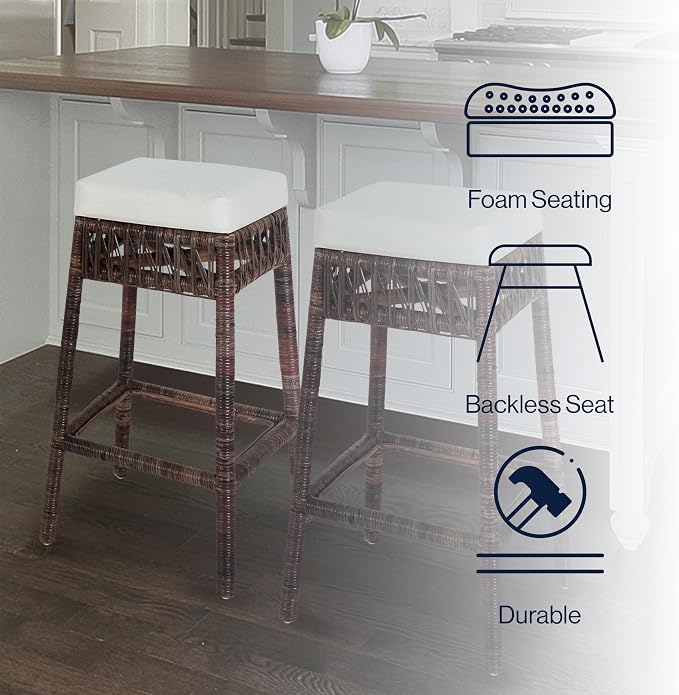 JONATHAN Y Bali 29.5" Woven Rattan Backless Bar Stool with Cushion, Bohemian Dark Brown Stool with Footrest for Kitchen Island, Home Bar, and Dining Room BSL1100A