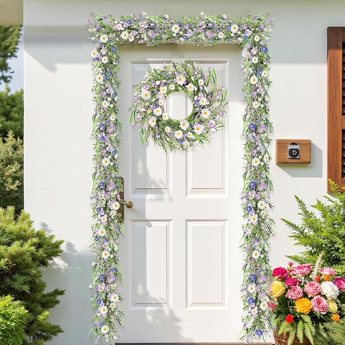 6ft Summer Daisy Garland with Flowers, Faux Daisy and Lavender Flower Garland Artificial with Floral Lanvender for Baby Shower Wedding Mantle Fireplace Table Centerpiece Decor