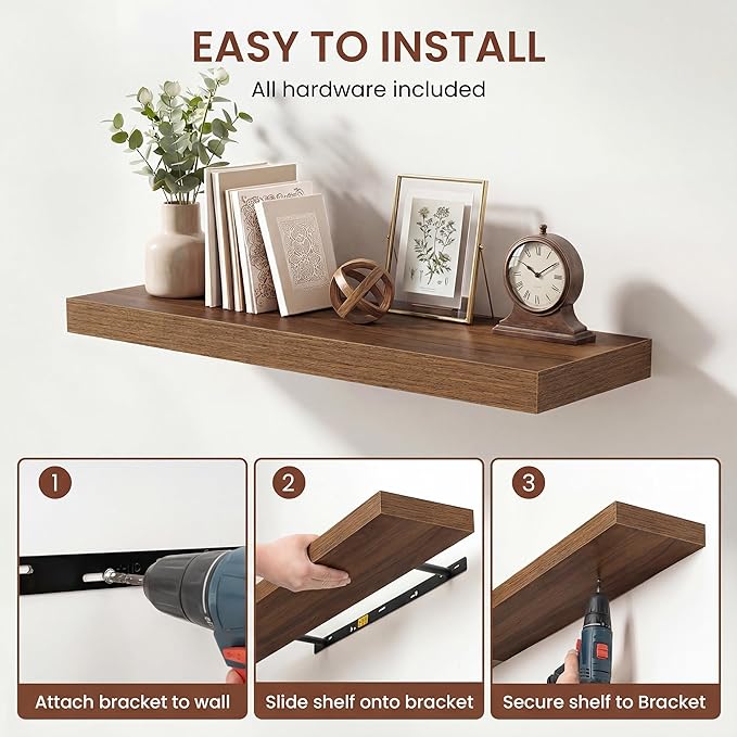 Dreamland 24 Inches Floating Shelves for Wall,9.3" Deep Long Floating Shelves Set of 2,Large Display & Storage Shelf,Wall Shelf for Bathroom Bedroom Living Room Kitchen Office,Walnut