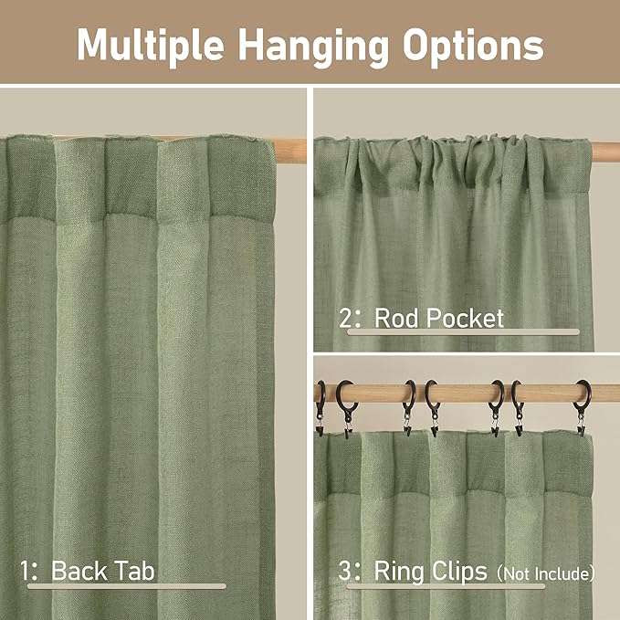 LAMIT Light Filtering Linen Curtains 72 inches Long for Bedroom, Linen Textured Semi Sheer Back Tab and Rod Pocket Boho Drapes for Window/Living Room, Sage Green, 2 Panels, 34 x 72 Inch