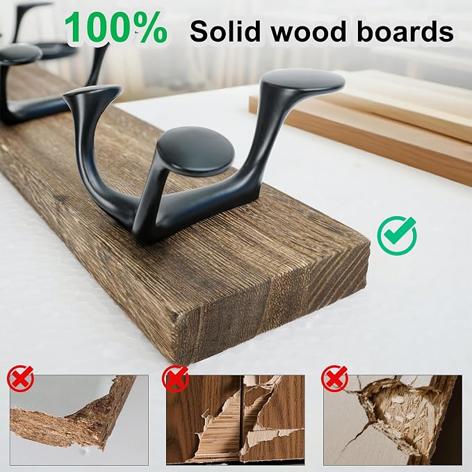 WEBI Coat Rack Wall Mount,17" Solid Wood Coat Hooks Wall Mounted Coat Hanger,16" Hole to Hole,Heavy Duty Hook Rack Rail,3 Triple Hooks for Hanging Coats,Jacket,Clothes,Hat,Weathered Brown,2 Packs