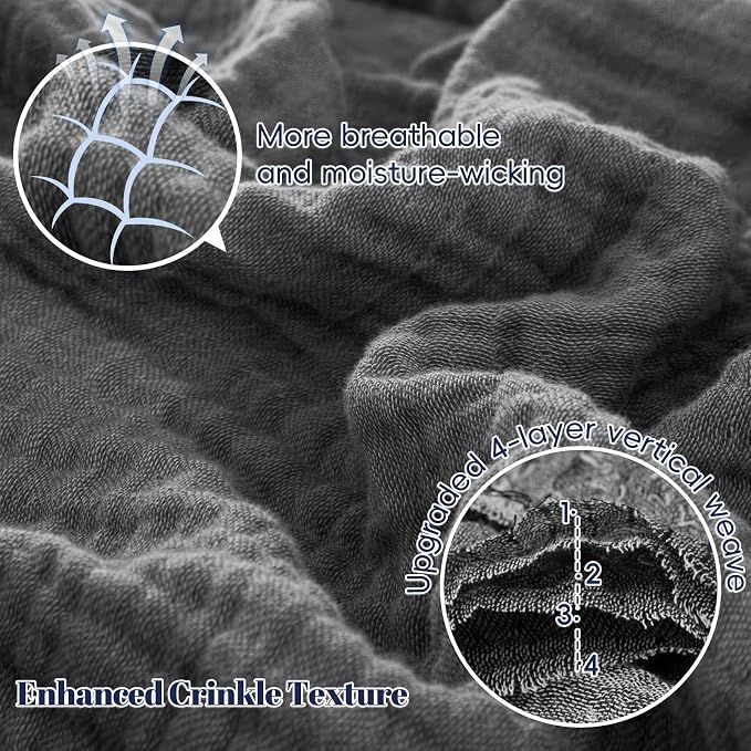 PHF 100% Cotton Muslin Blanket Twin XL Size 66"x90", 4-Layer Lightweight Gauze Throw, Breathable Cloud-Soft Minimalist Blanket for Bed, Couch, Camping & Baby, Greyish Black, Ideal Gift