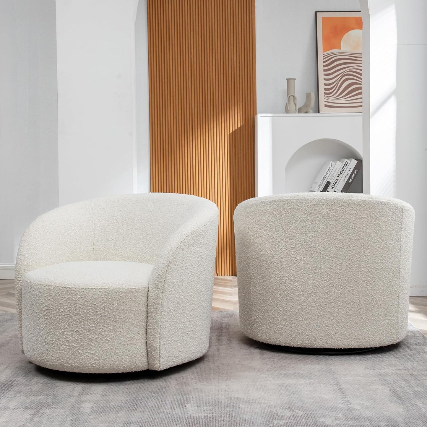 KINWELL 34" W Swivel Barrel Chair Set of 2, Mid Century Modern Round Upholstered Boucle Swivel Accent Chairs, No Assembly Sofa Chair for Living Room Bedroom Reading, Cream