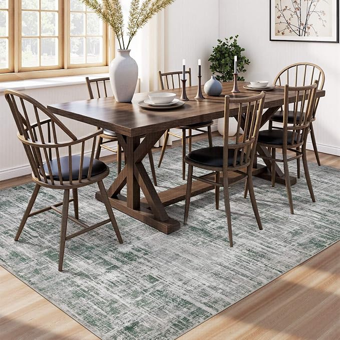 UERMEI 10x12 Washable Area Rug for Living Room: Modern Neutral Abstract Large Soft Low Pile Carpet Non-Slip Pet Kids Friendly Indoor Decor for Bedroom Dining Room Home Office Nursery Grey/Green
