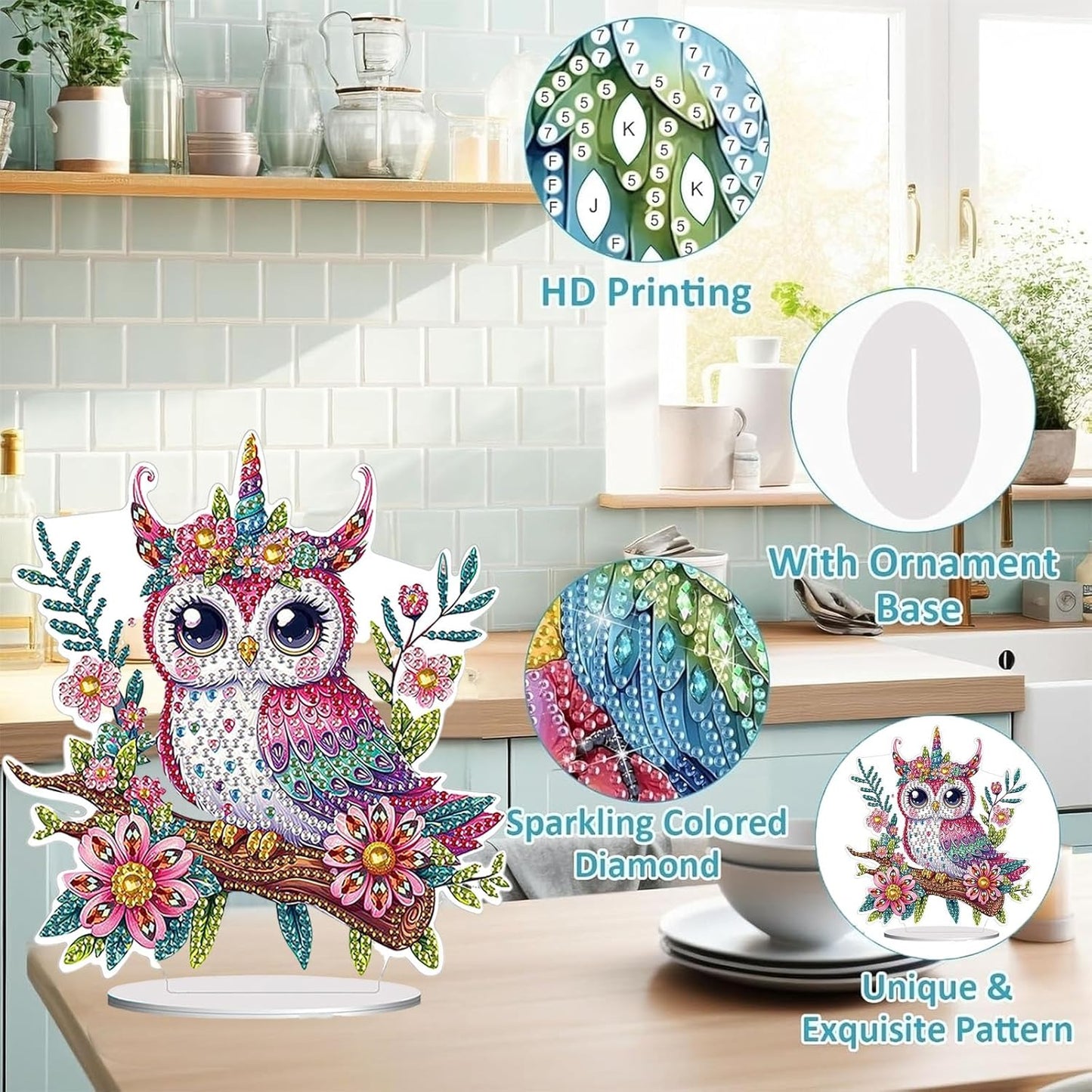Diamond Painting Kits for Adults Beginners, 5D Full Drill Owl Crystal Art Desktop Ornament, DIY Single Sided Home Office Desk Decor, Creative Craft Gift Set with Tools